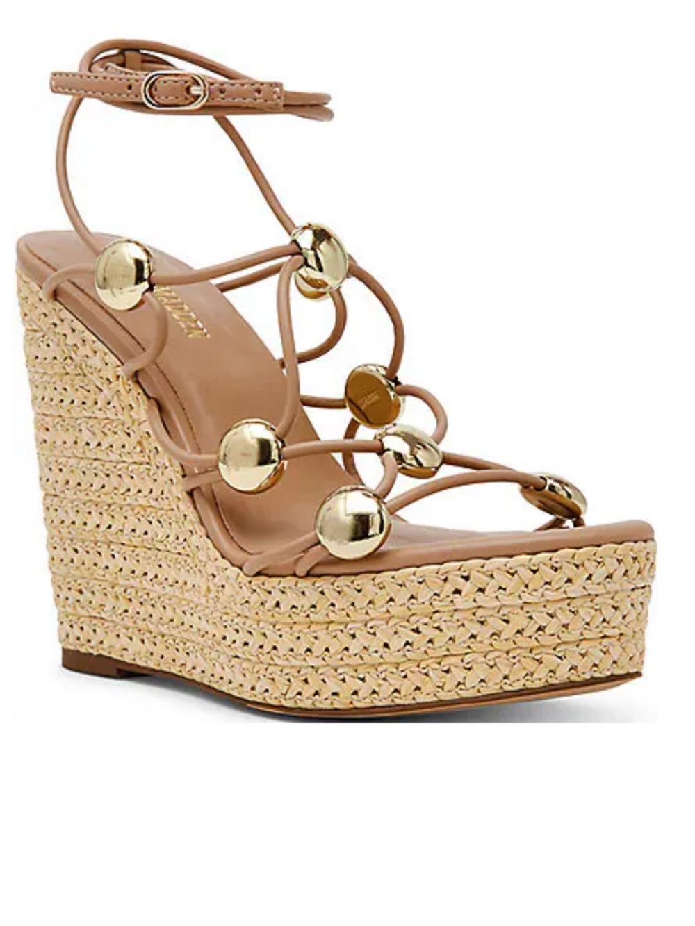 Steve Madden Neutral Tan Raffia Wedge Sandal with Gold Discs